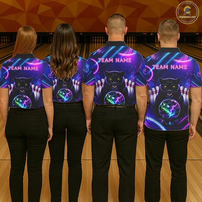 Neon Blue Purple Custom Panther Bowling Shirt For Women, Glowing Bowling Team Jersey Polo & 1/4 Zip TDM6358