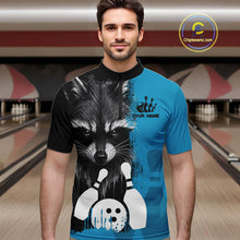 Load image into Gallery viewer, Man wearing a black and blue raccoon bowling quarter zip jersey during league competition front view.