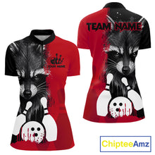 Load image into Gallery viewer, Black and red raccoon bowling quarter zip shirt for women designed for league tournaments and team events.