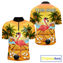 Load image into Gallery viewer, Funny flamingo sunset tropical bowling quarter zip shirt for men designed for league tournaments and team events.