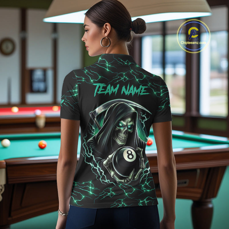 Turquoise Funny Grim Reaper 8 Ball Pool Women Billiard Shirts Custom Lightning Billiard Jerseys TDM2040