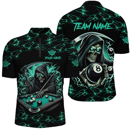 Turquoise Funny Grim Reaper 8 Ball Pool Men Billiard Shirts Custom Lightning Billiard Jerseys TDM2040