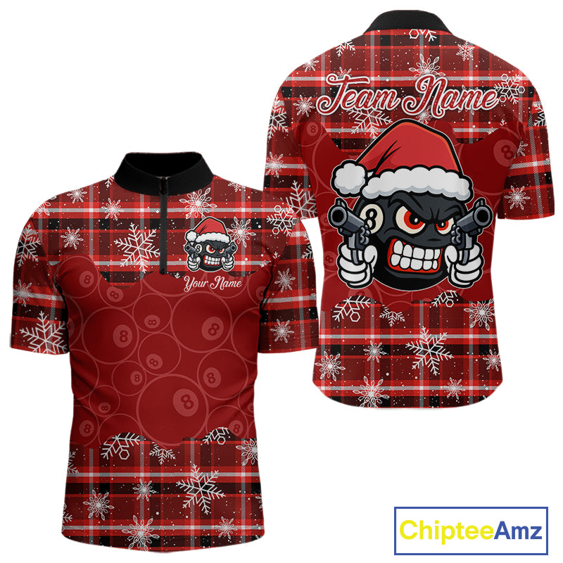 Funny Santa 8 Ball Pool Men's Billiard Shirt Custom Red Plaid Snowflake Christmas Billiard Jersey TDM5223