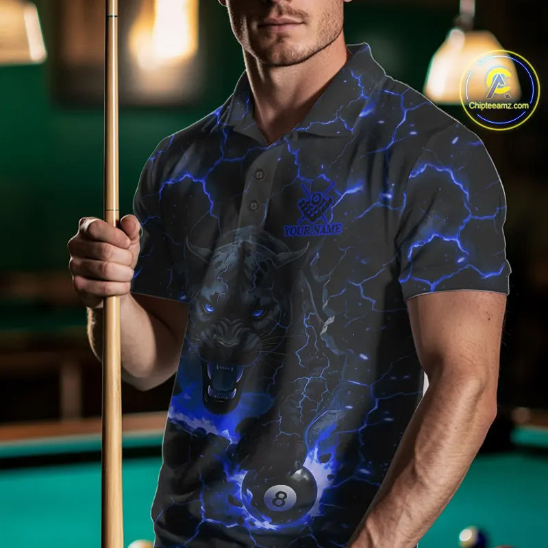 Blue 8 Ball Panther Fire Billiard Shirt For Men Custom Pool Team Shirt, Billiard League Jersey TDM5484