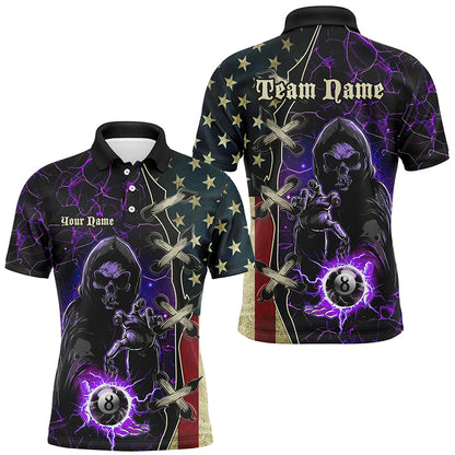 Purple Grim Reaper Lightning US Flag Billiard Shirts For Men, Patriotic Team League Pool Jerseys TDM1836