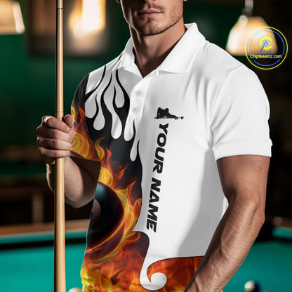 Personalized Orange 8 Ball Fire Flame Men's Billiard Shirt Custom Pool Team Jersey Polo & 1/4 Zip TDM5229