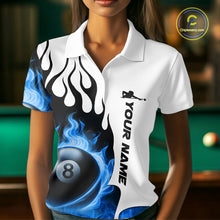 Load image into Gallery viewer, Personalized Blue 8 Ball Fire Flame Women's Billiard Shirt Custom Pool Team Jersey Polo &amp; 1/4 Zip TDM5230