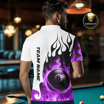 Personalized Purple 8 Ball Fire Flame Men's Billiard Shirt Custom Pool Team Jersey Polo & 1/4 Zip TDM5231