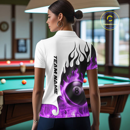 Personalized Purple 8 Ball Fire Flame Women's Billiard Shirt Custom Pool Team Jersey Polo & 1/4 Zip TDM5231