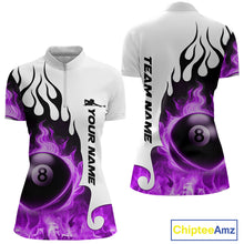 Load image into Gallery viewer, Personalized Purple 8 Ball Fire Flame Women's Billiard Shirt Custom Pool Team Jersey Polo &amp; 1/4 Zip TDM5231
