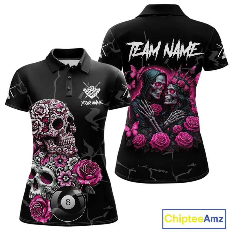Personalized Pink 8 Ball Skull Roses Billiard Shirt For Women Custom Valentine Billiard Gifts TDM5750