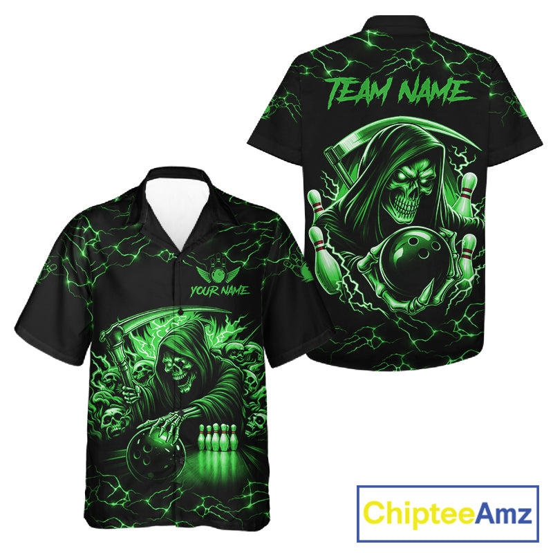 Green Grim Reaper Lightning Hawaiian Bowling Shirt For Men Women, Skull Bowling Team Jersey TDM5952