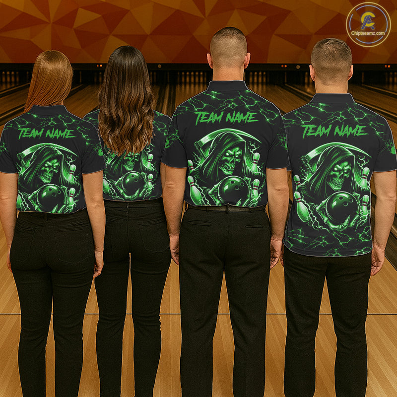 Custom Green Grim Reaper Lightning Bowling Shirt For Men, Skull Bowling Jersey Team Polo & 1/4 Zip TDM5952
