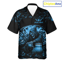 Load image into Gallery viewer, Blue Grim Reaper Lightning Hawaiian Bowling Shirt For Men Women, Skull Bowling Team Jersey TDM5953