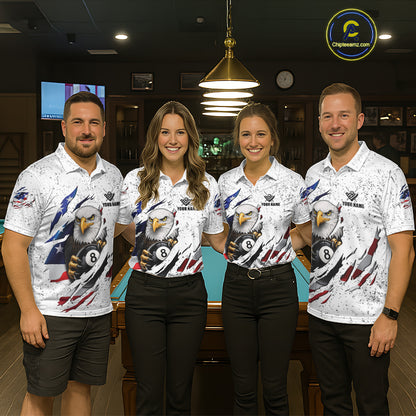 White Grunge US Flag Eagle Billiard Shirt For Women Custom 8 Ball Pool Team Jersey Polo & 1/4 Zip TDM5956