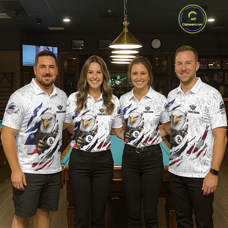 Custom Eagle 8 Ball Billiard Jersey For Men, Grunge American Flag Pool Team Shirt Polo & 1/4 Zip TDM5957