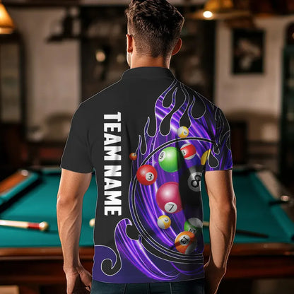 3D Billiard Balls Fire Flame Custom Pool Shirts For Men, Billiard League Team Jerseys | Purple TDM3753