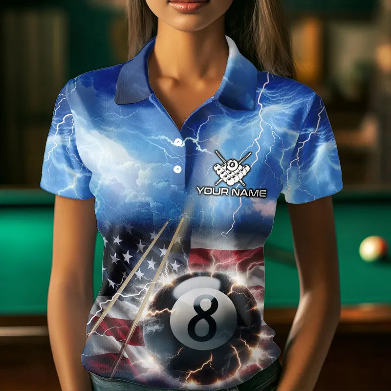 American Flag Thunder Lightning 8 Ball Pool Billiard Shirts For Women Customized Billiard Team Jersey TDM3756