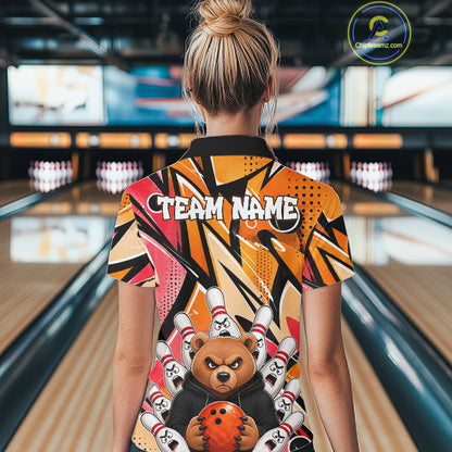 Personalized Funny Bear Graffiti Bowling Jersey For Women, Custom Bowling Team Shirts Polo & 1/4 Zip TDM6548