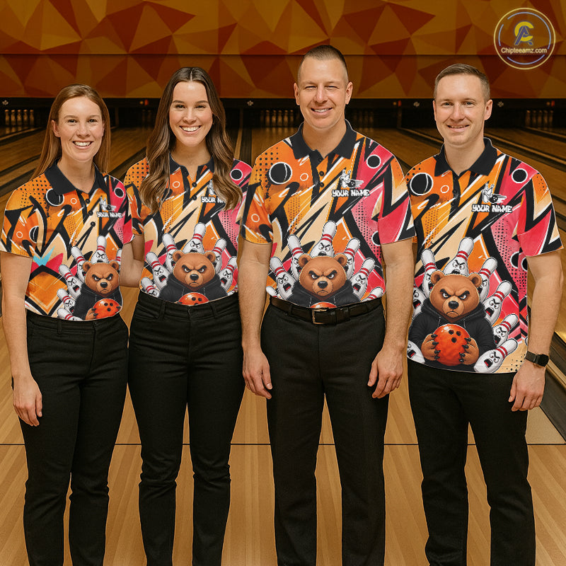 Personalized Funny Bear Graffiti Bowling Jersey For Men, Custom Bowling Team Shirts Polo & 1/4 Zip TDM6548