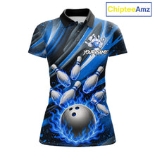 Load image into Gallery viewer, Custom Blue Flaming Silver Bowling Jersey For Women, Bowling League Team Shirts Polo &amp; Quarter Zip TDM6549