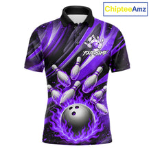 Load image into Gallery viewer, Custom Purple Flaming Silver Bowling Jersey For Men, Bowling League Team Shirts Polo &amp; Quarter Zip TDM6550