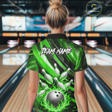 Load image into Gallery viewer, Custom Green Flaming Silver Bowling Jersey For Women, Bowling League Team Shirts Polo &amp; Quarter Zip TDM6551