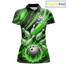 Load image into Gallery viewer, Custom Green Flaming Silver Bowling Jersey For Women, Bowling League Team Shirts Polo &amp; Quarter Zip TDM6551