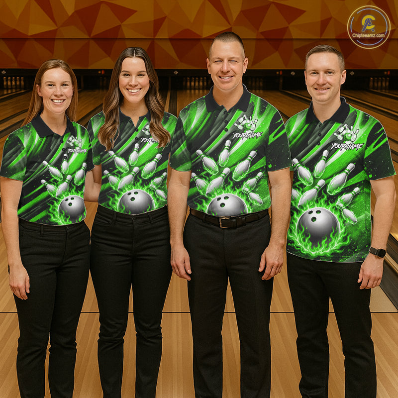 Custom Green Flaming Silver Bowling Jersey For Women, Bowling League Team Shirts Polo & Quarter Zip TDM6551