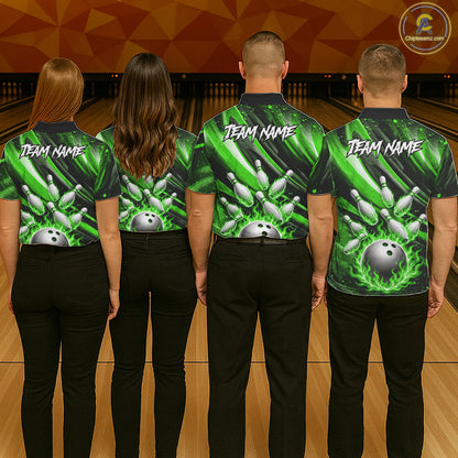 Custom Green Flaming Silver Bowling Jersey For Women, Bowling League Team Shirts Polo & Quarter Zip TDM6551
