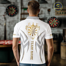 Load image into Gallery viewer, Back view of man wearing a white and gold dartboard crown darts shirt.