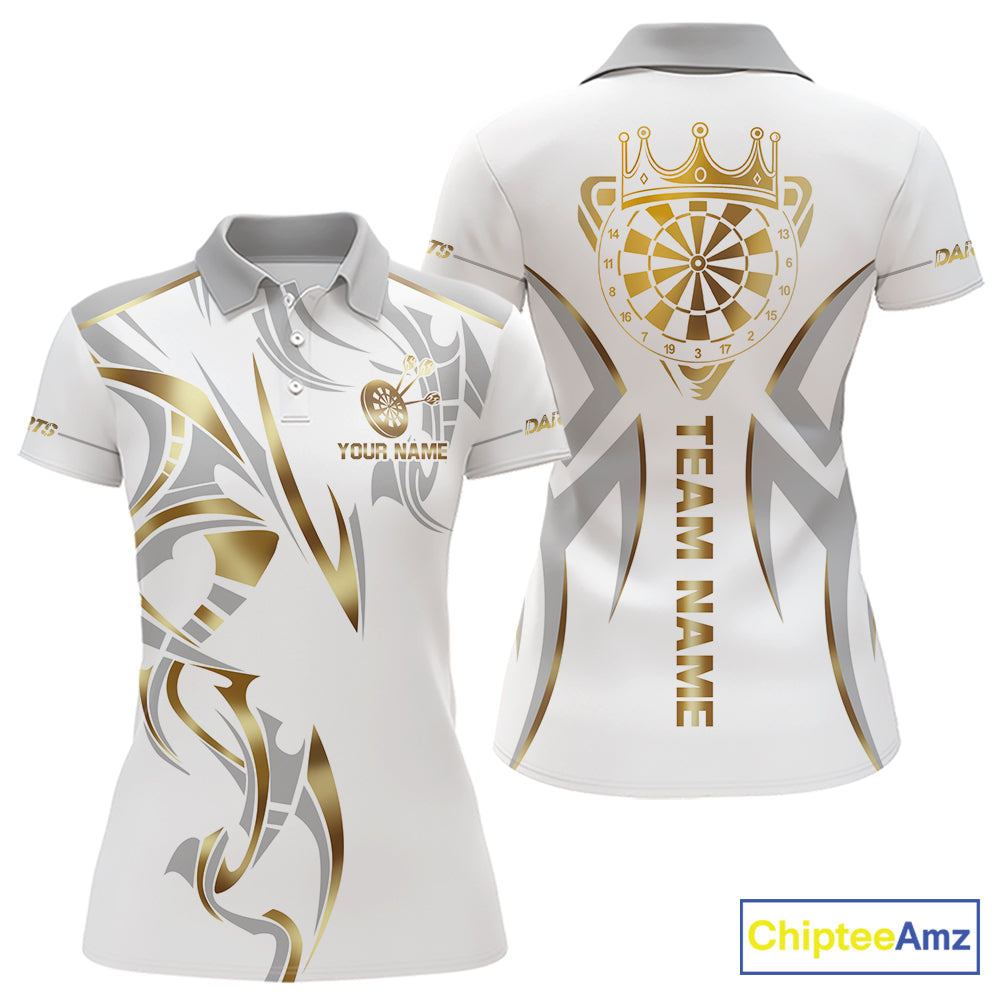 White and gold dartboard crown darts polo shirt for women with custom darts team graphics.