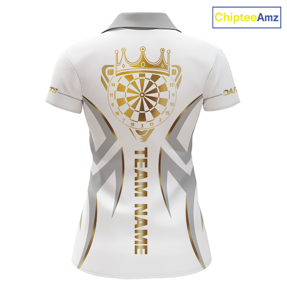 White and gold dartboard crown darts polo shirt for women with custom darts team graphics.