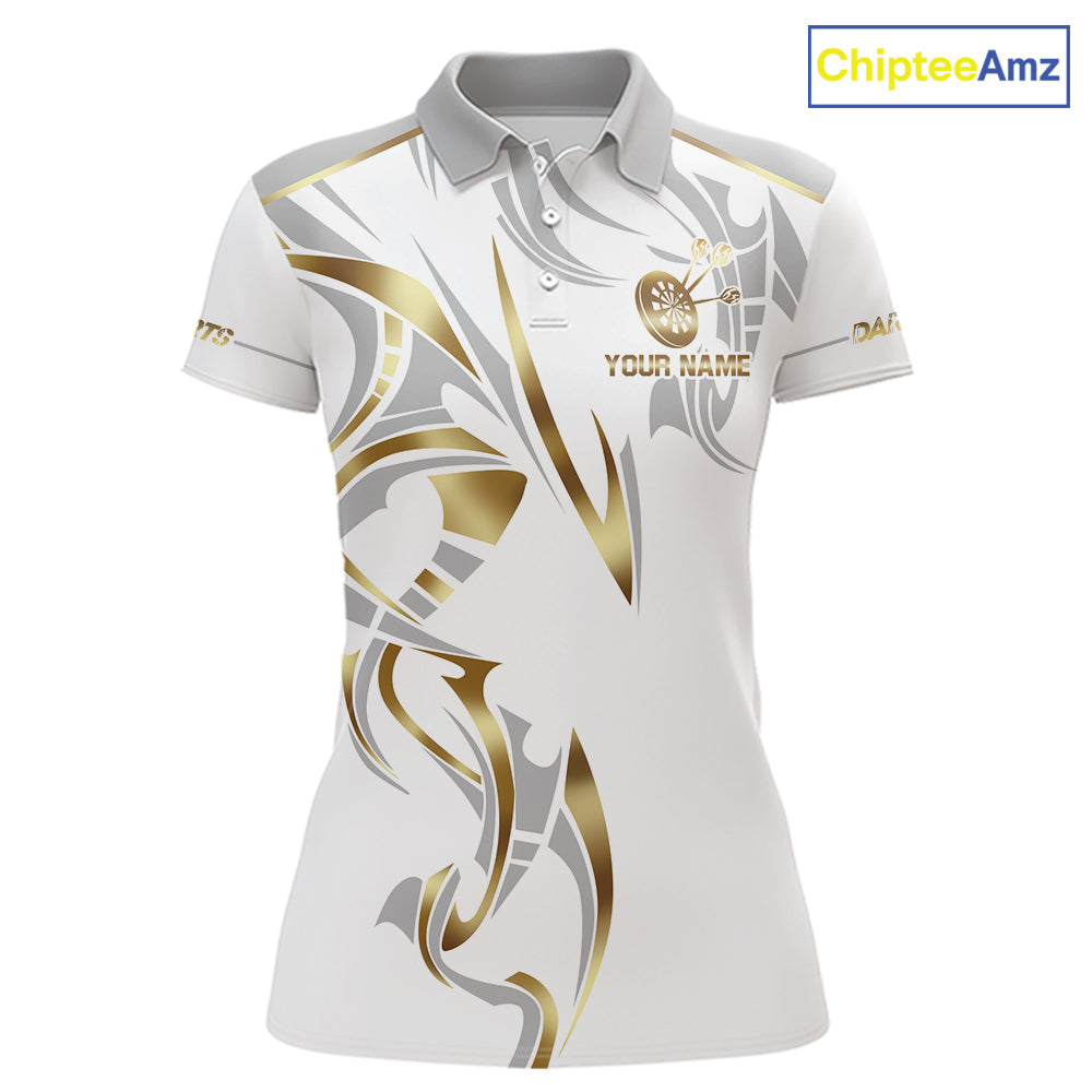 White and gold dartboard crown darts polo shirt for women with custom darts team graphics.