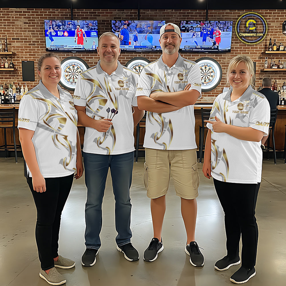 Darts team wearing matching white and gold dartboard crown darts jerseys during league competition front view.