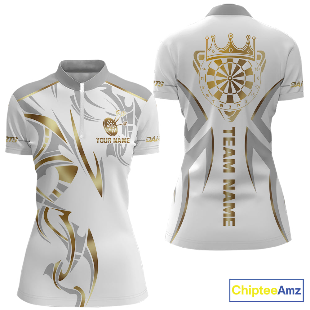 White and gold dartboard crown darts quarter zip shirt for women designed for league tournaments and team events.