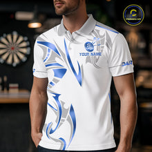 Load image into Gallery viewer, Man wearing a white and blue dartboard crown darts jersey front view.