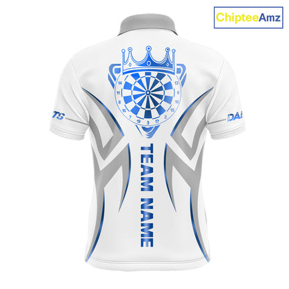 White and blue dartboard crown darts polo shirt for men with custom darts team graphics.