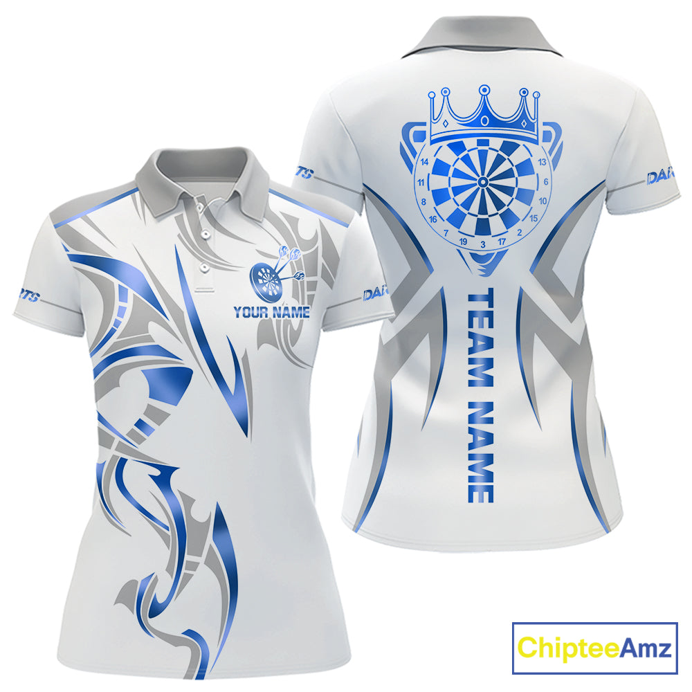 White and blue dartboard crown darts polo shirt for women with custom darts team graphics.