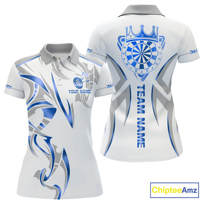 White and blue dartboard crown darts polo shirt for women with custom darts team graphics.