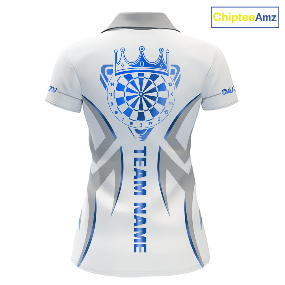 White and blue dartboard crown darts polo shirt for women with custom darts team graphics.