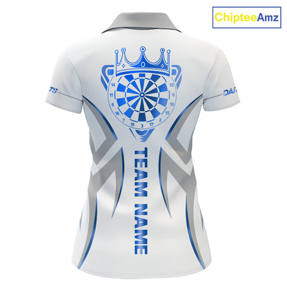White and blue dartboard crown darts polo shirt for women with custom darts team graphics.