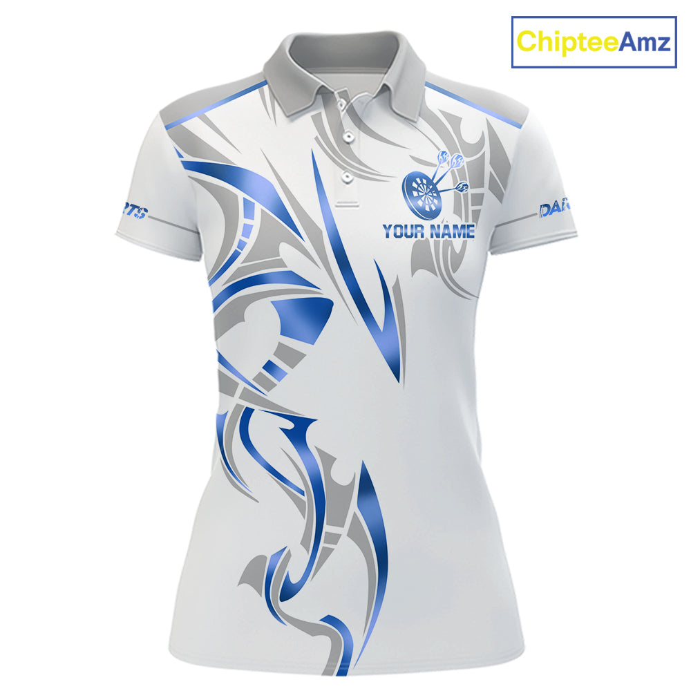 White and blue dartboard crown darts polo shirt for women with custom darts team graphics.