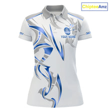 Load image into Gallery viewer, White and blue dartboard crown darts polo shirt for women with custom darts team graphics.