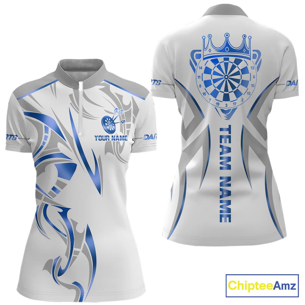 White and blue dartboard crown darts quarter zip shirt for women designed for league tournaments and team events.