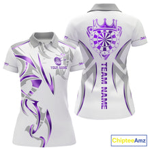 Load image into Gallery viewer, White and purple dartboard crown darts polo shirt for women with custom darts team graphics.