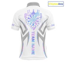 Load image into Gallery viewer, White and holographic dartboard crown darts polo shirt for men with custom darts team graphics.