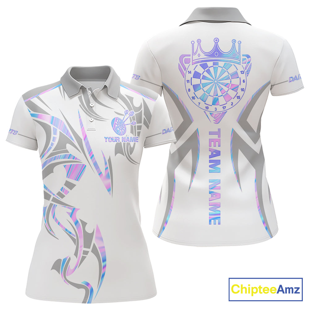 White and holographic dartboard crown darts polo shirt for women with custom darts team graphics.