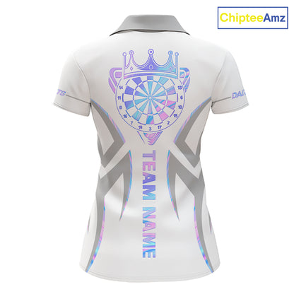 White and holographic dartboard crown darts polo shirt for women with custom darts team graphics.