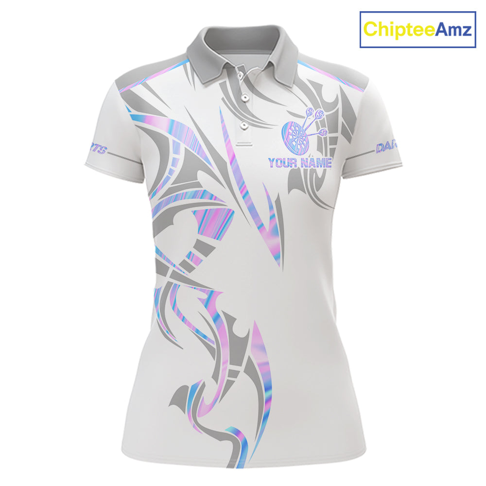 White and holographic dartboard crown darts polo shirt for women with custom darts team graphics.